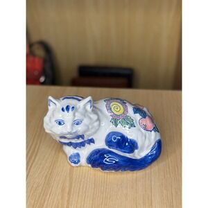 Vintage Mid Century Japanese Style Ceramic Cat Figurine Blue White Floral Peach